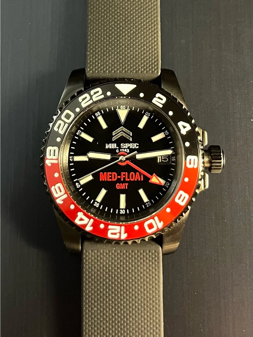 GMT- Watch . Mil-Spec Med-Float black case